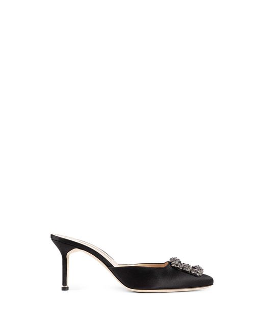 Manolo Blahnik Black Hangimisu Satin Buckle Mules