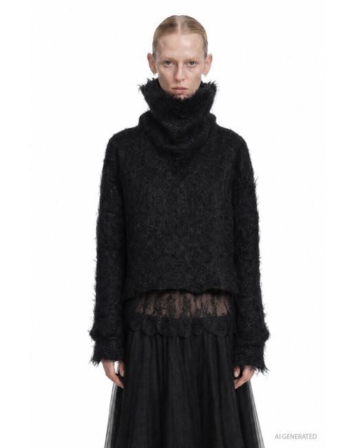 Marc Le Bihan Black Fluffy Mohair Cropped Turtleneck