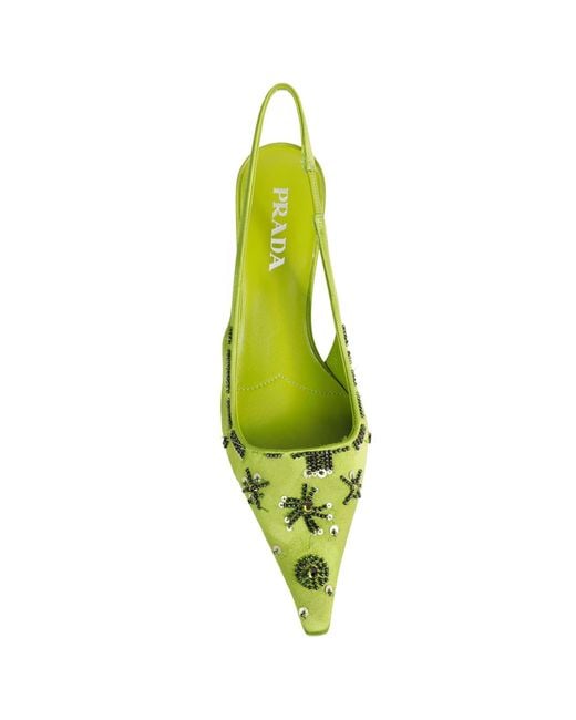 Prada Yellow Embroidered Satin Slingback Pumps