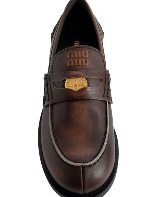 Miu Miu Brown Leather Distressed Penny Loafers