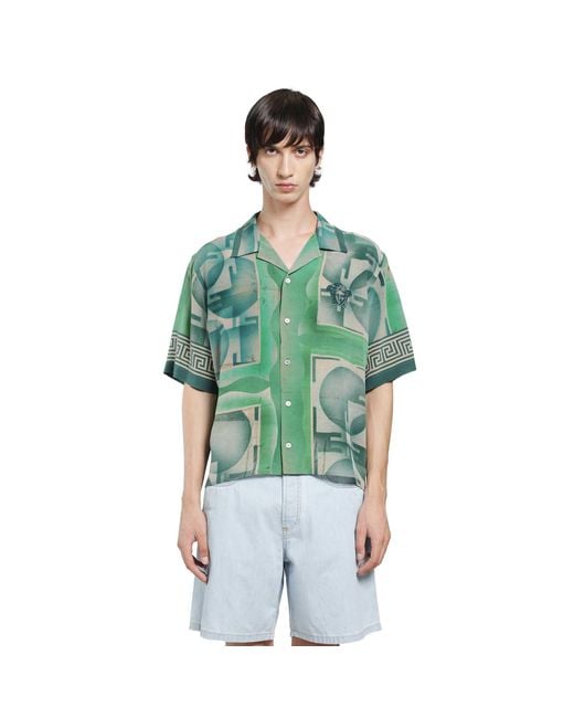 Versace Green Printed Crêpe De Chine Silk Shirt for men