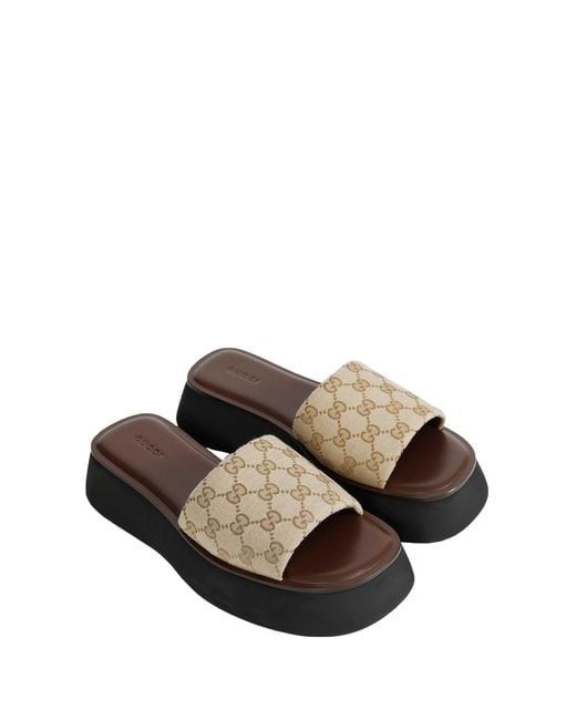 Gucci Natural Gg Canvas Flatform Slide Sandals