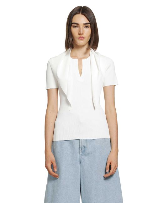 Max Mara White Tie-Detailed Ribbed-Knit T-Shirt