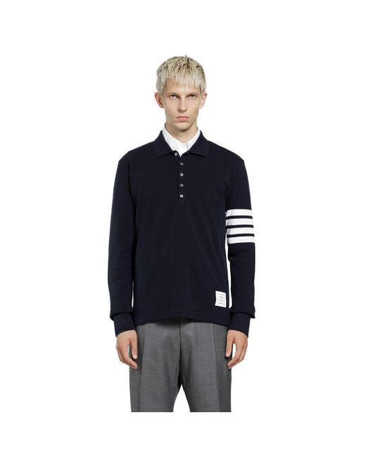 Thom Browne Blue Cotton Piqué 4-Bar Long Sleeve Polo for men