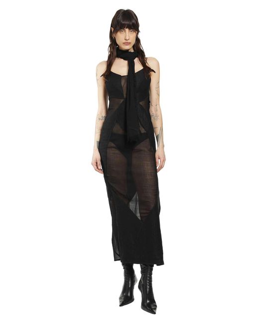 Yehuafan Black Sheer Wool Linen Patchwork Dress