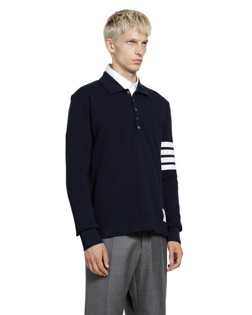 Thom Browne Blue Cotton Piqué 4-Bar Long Sleeve Polo for men