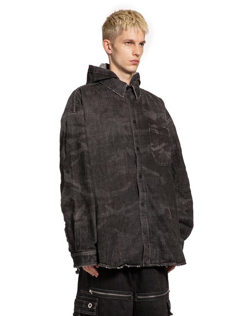 Balenciaga Black Washed Camo Denim Hooded Shirt for men