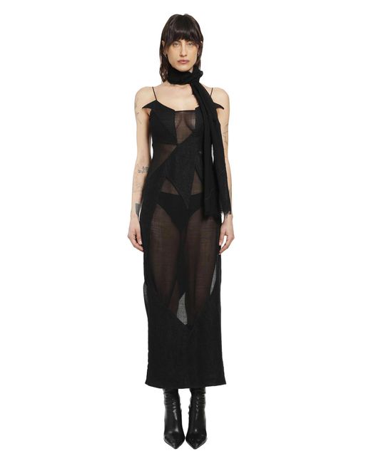 Yehuafan Black Sheer Wool Linen Patchwork Dress