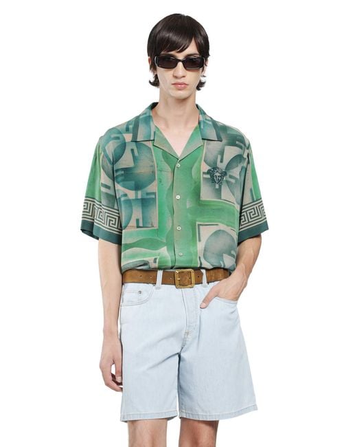 Versace Green Printed Crêpe De Chine Silk Shirt for men