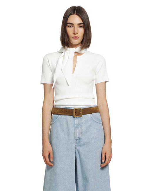 Max Mara White Tie-Detailed Ribbed-Knit T-Shirt