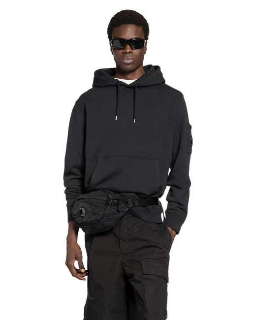 C P Company Black Cotton Diagonal Fleece Lens Hoodie for men