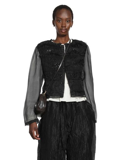 Renli Su Black Shirred Silk Twill And Organza Shirt