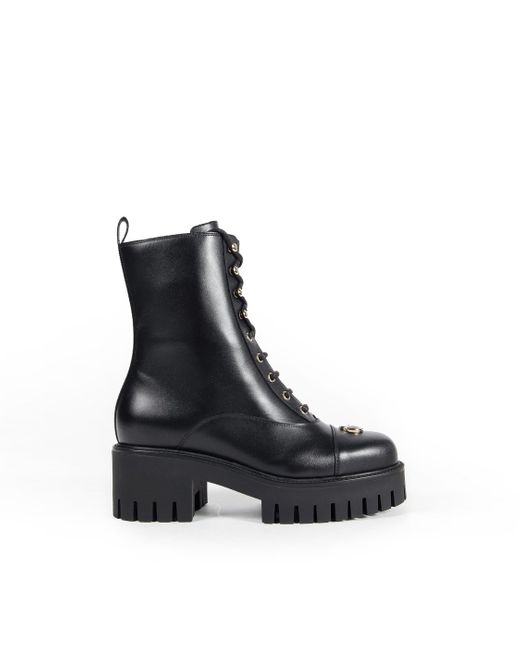 Gucci Black Lace-Up Ankle Boot With Gg, Leather
