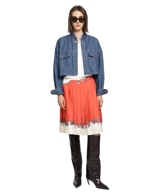 Versace Red Printed Twill Silk Midi Skirt