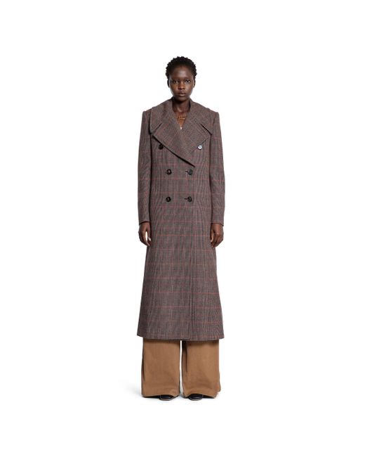 Chloé Brown Long Double-breasted Coat In Check Wool