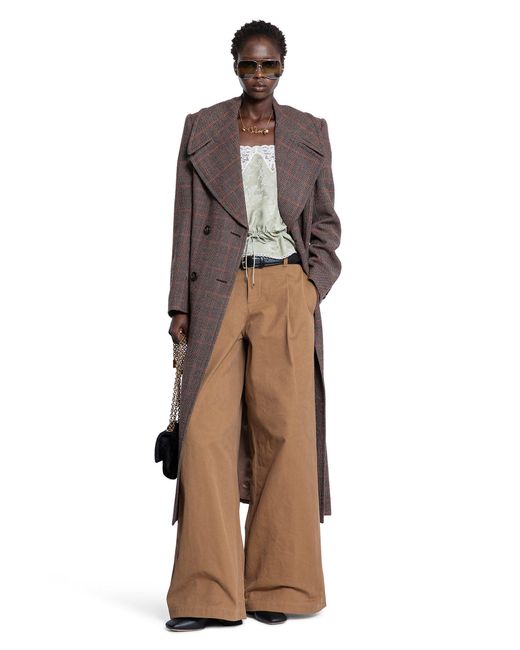 Chloé Brown Long Double-breasted Coat In Check Wool