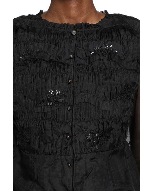 Renli Su Black Shirred Silk Twill And Organza Shirt