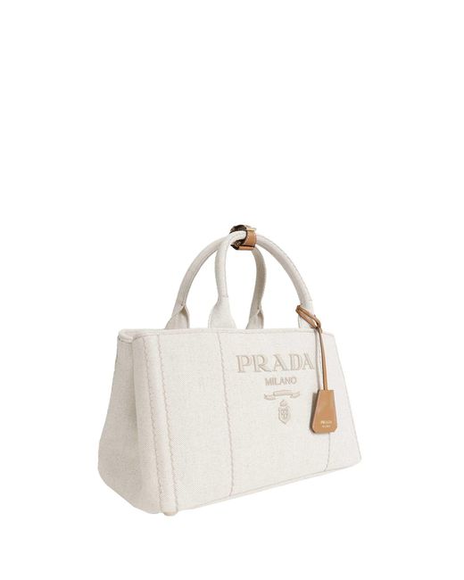 Prada White Jardinière Large Linen Blend Handbag