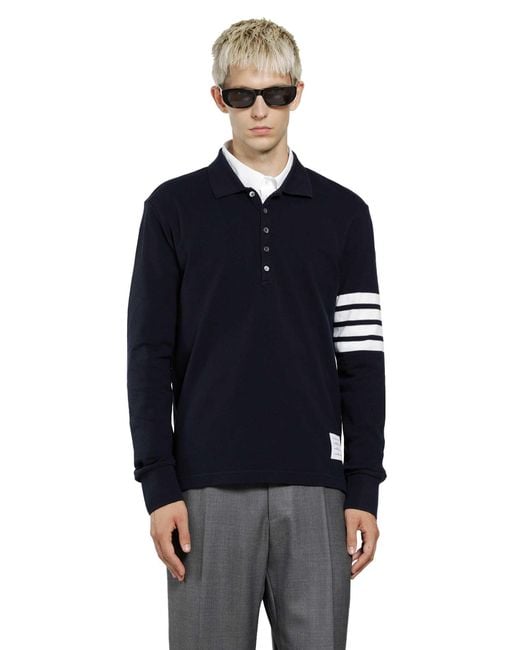 Thom Browne Blue Cotton Piqué 4-Bar Long Sleeve Polo for men
