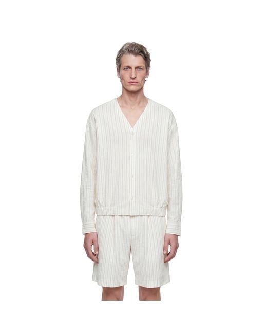 Hed Mayner White Pinstriped V-Neck Shirt for men