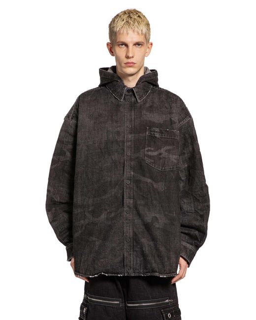 Balenciaga Black Washed Camo Denim Hooded Shirt for men