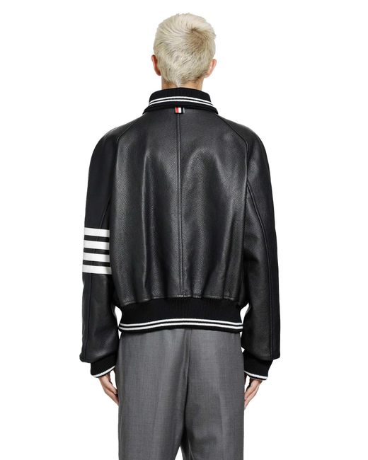 Thom Browne Black 4-Bar Leather Bomber for men