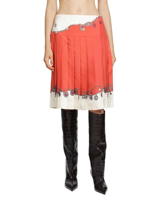Versace Red Printed Twill Silk Midi Skirt