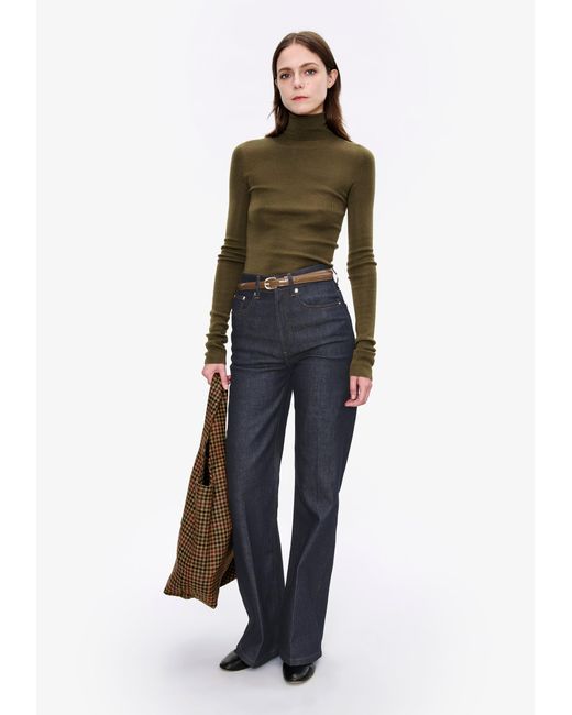 A.P.C. White A. P.c. Women's Narrow-rib Polo Neck Sweater Size: Extra Small In Khaki Green