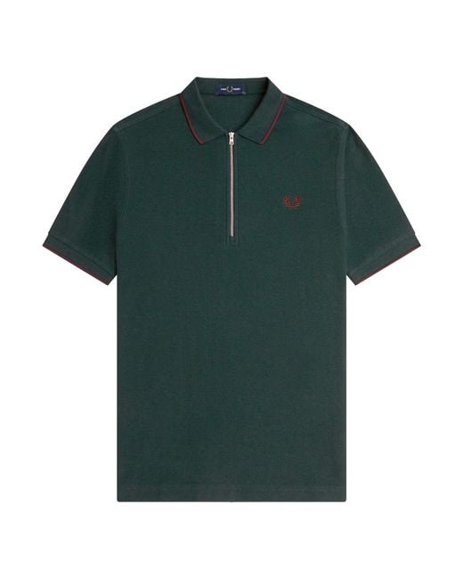 Fred Perry Green Crepe Pique Zip Neck Polo Shirt for men