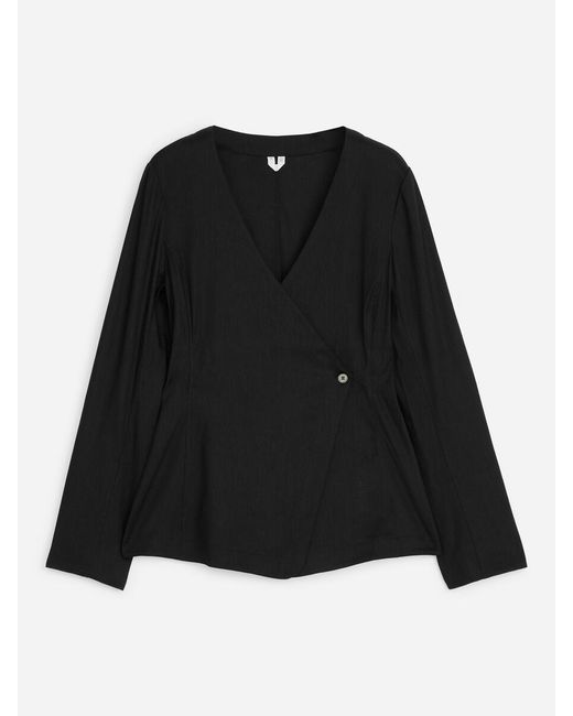 ARKET Black Linen Blend Wrap Blouse
