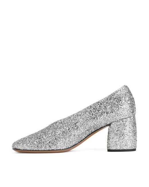 ARKET Gray Block Heel Glitter Pumps