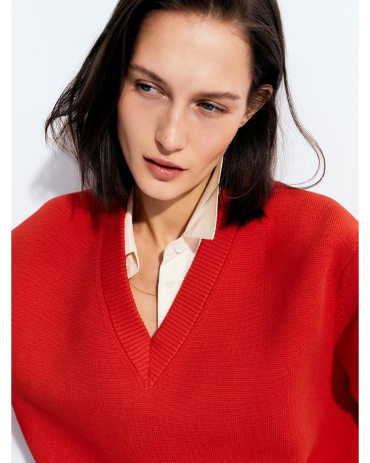 ARKET Red V-Neck Cotton Jumper