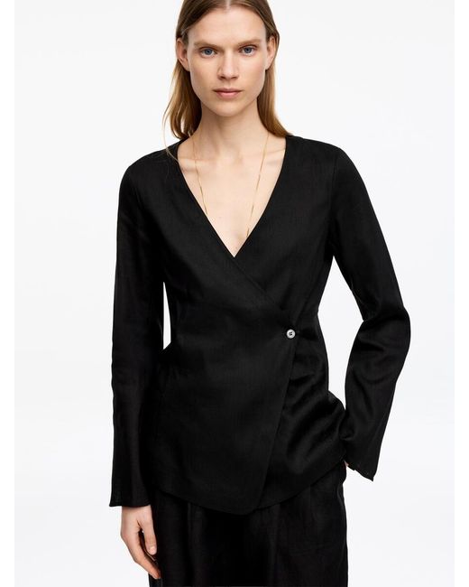 ARKET Black Linen Blend Wrap Blouse