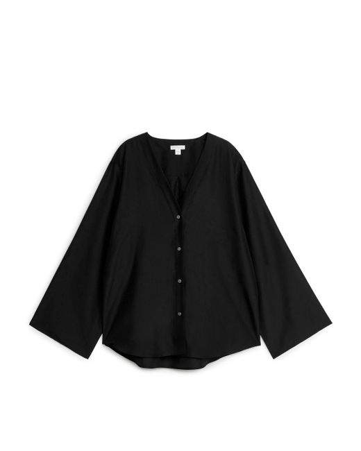 ARKET Black Collarless Silk Shirt