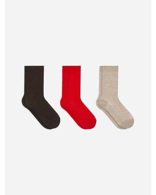 ARKET Red Cotton Rib Socks Set Of 3
