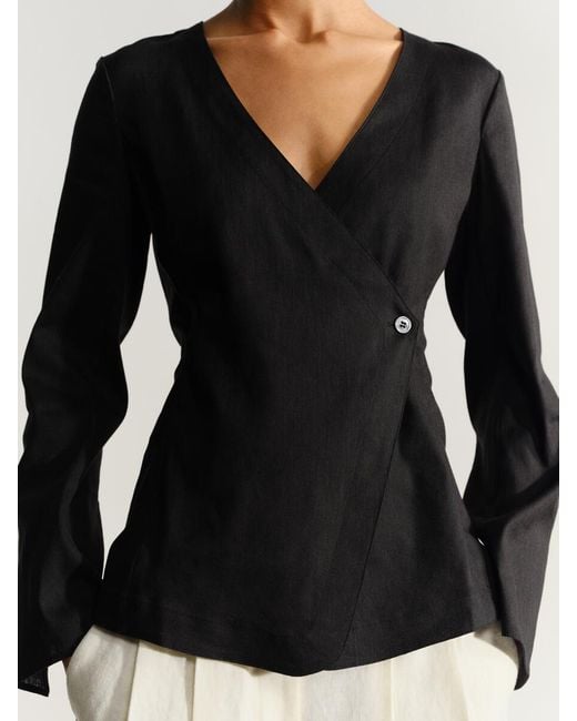 ARKET Black Linen Blend Wrap Blouse