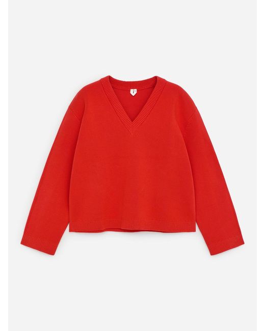 ARKET Red V-Neck Cotton Jumper