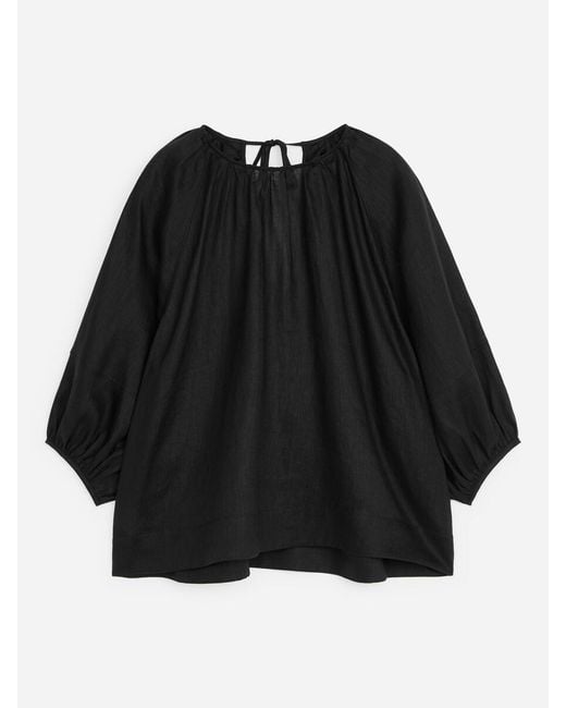 ARKET Black Gathered Linen Blouse