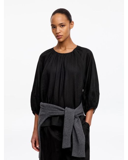 ARKET Black Gathered Linen Blouse