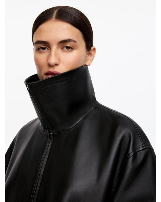 ARKET Black Funnel-Neck Leather Jacket