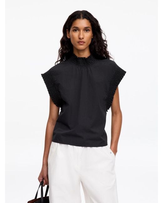 ARKET Black Smocked Cotton Poplin Top