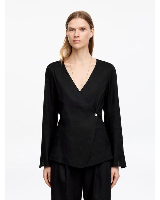 ARKET Black Linen Blend Wrap Blouse