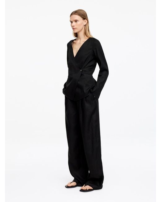 ARKET Black Linen Blend Wrap Blouse