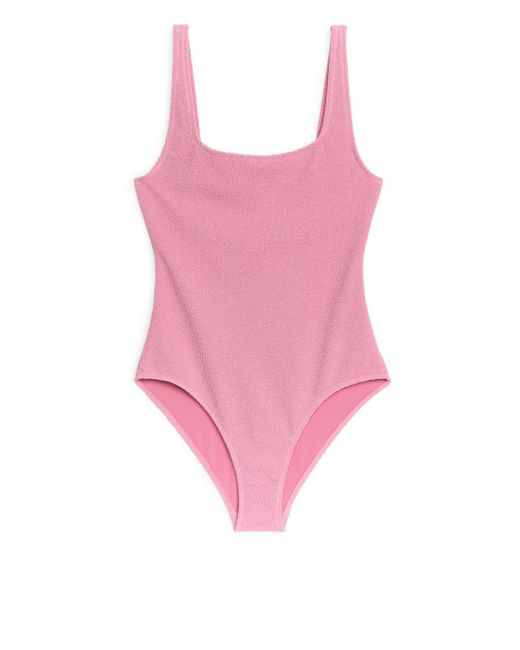 ARKET Pink Crinkle Square Neck Swimsuit