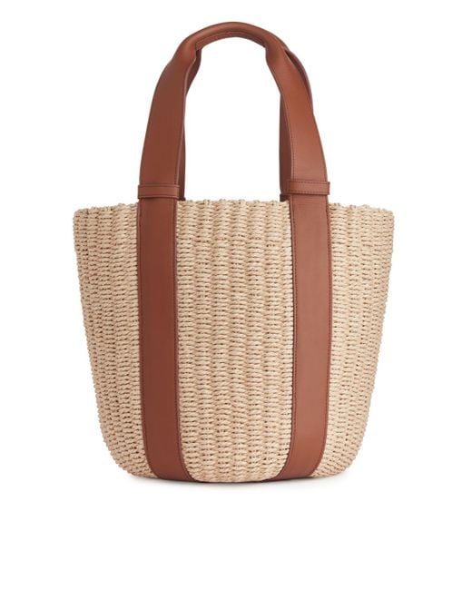 ARKET Brown Leather-detailed Straw Tote