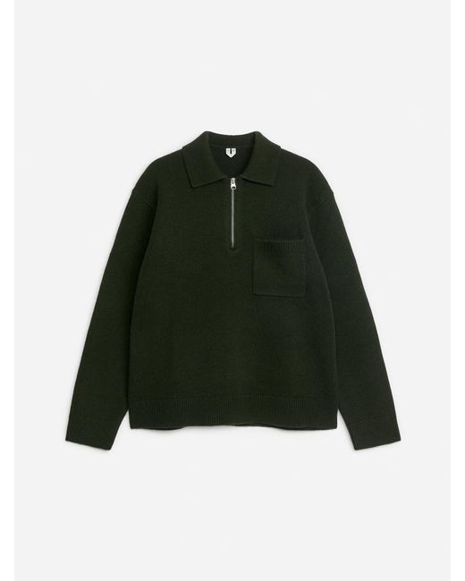 ARKET Green Knitted Wool Zip Polo Shirt for men