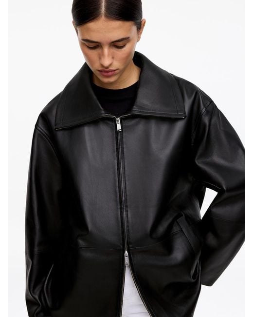 ARKET Black Funnel-Neck Leather Jacket