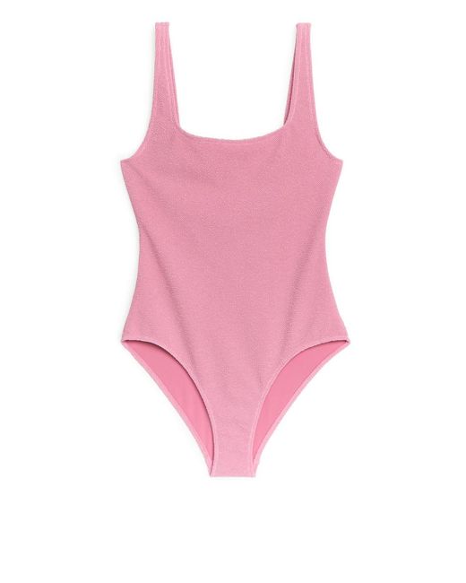 ARKET Pink Crinkle-Badeanzug Mit Rechteckigem Ausschnitt