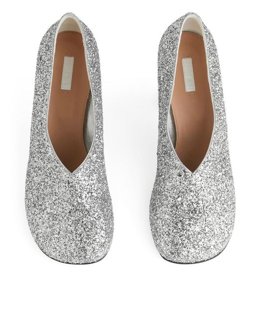 ARKET Gray Block Heel Glitter Pumps