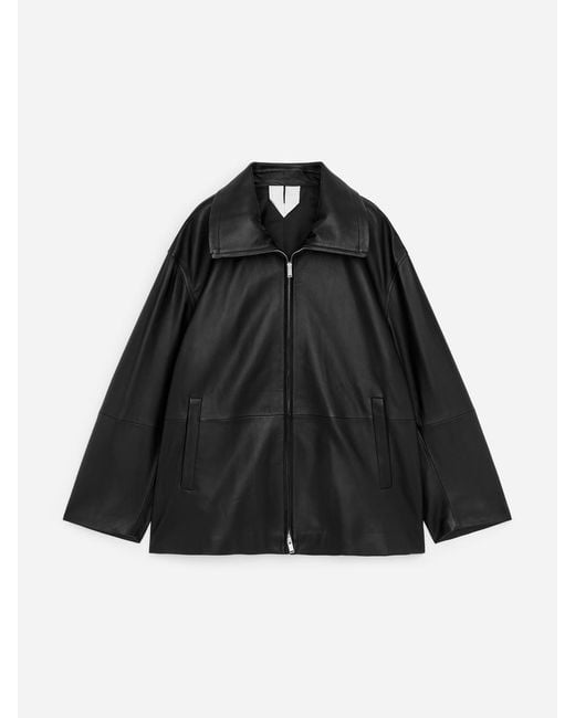 ARKET Black Funnel-Neck Leather Jacket